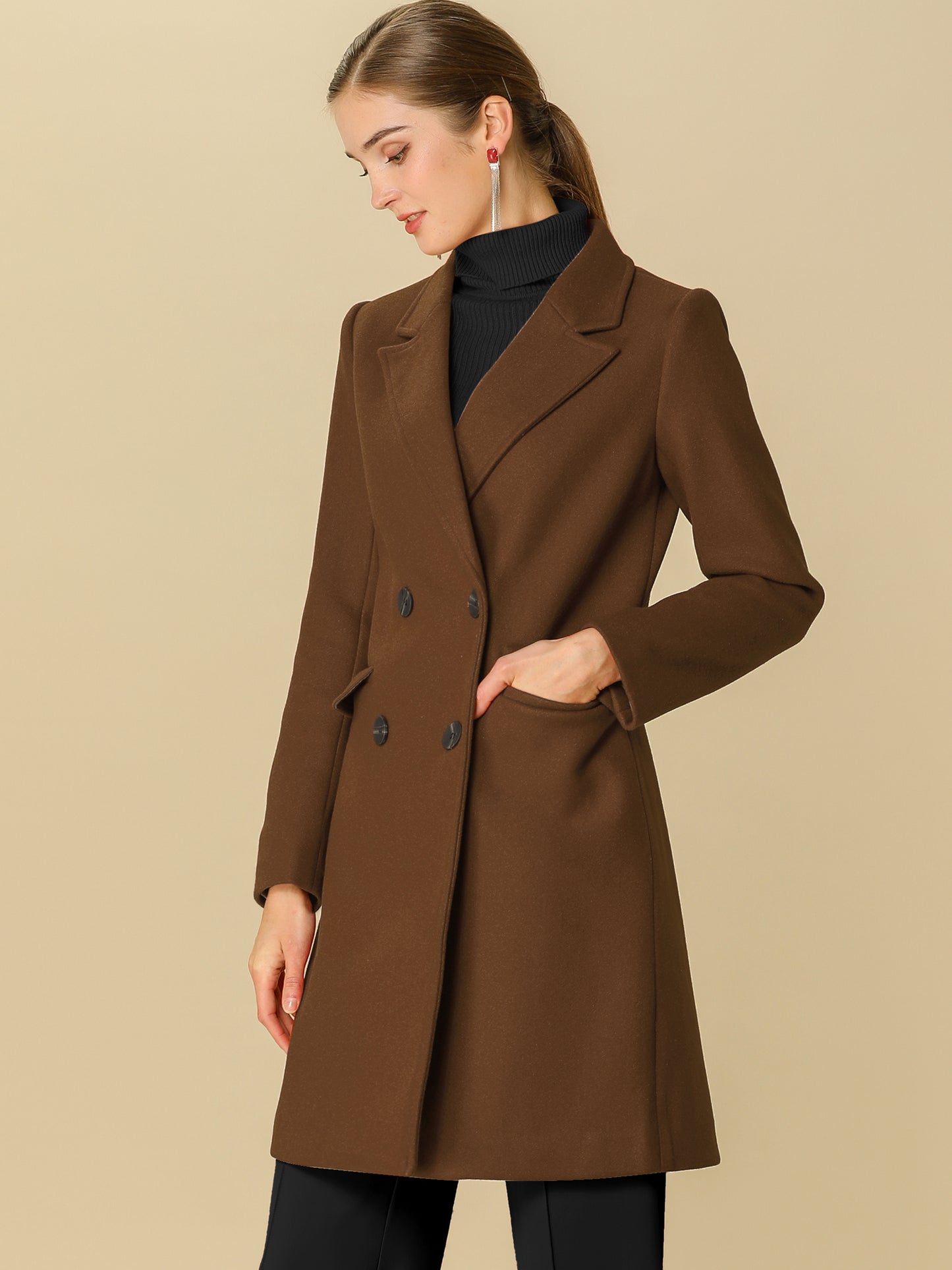Allegra K Notch Lapel Double Breasted Belted Mid Long Outwear Winter Coat Deep Brown