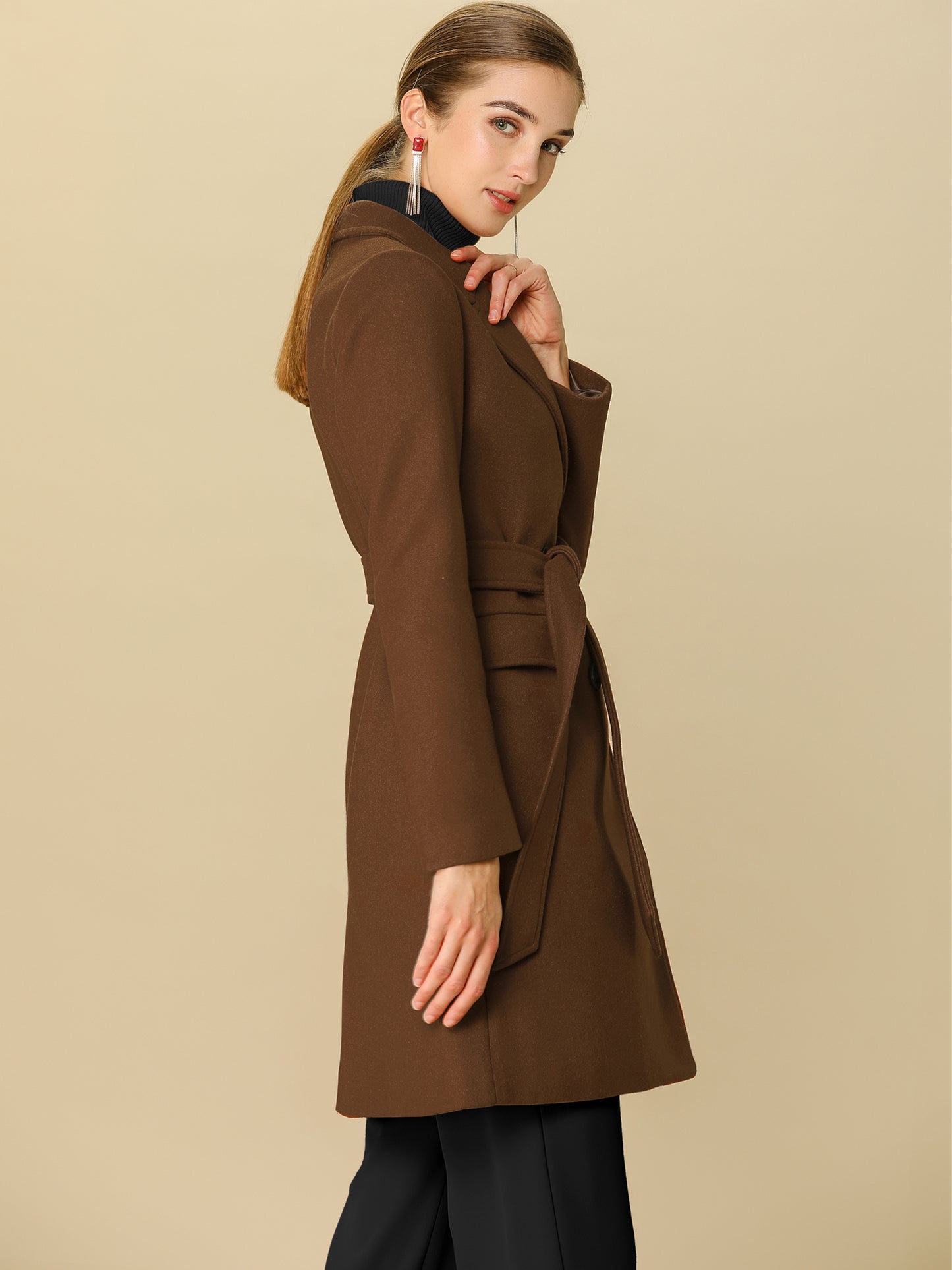 Allegra K Notch Lapel Double Breasted Belted Mid Long Outwear Winter Coat Deep Brown