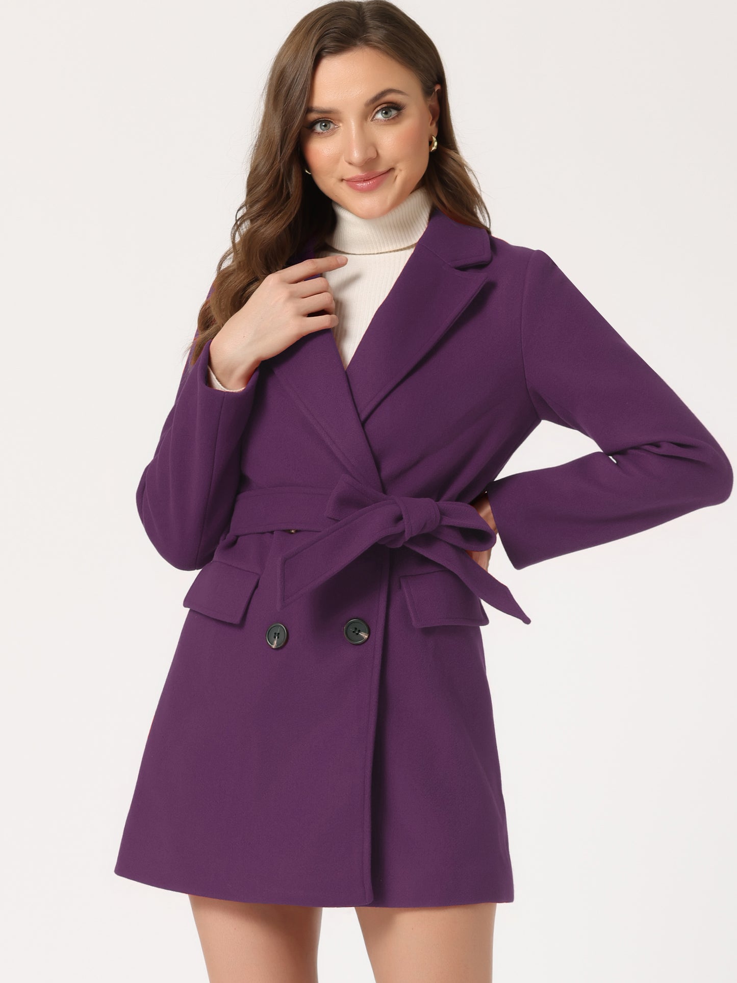 Allegra K Notch Lapel Double Breasted Belted Mid Long Outwear Winter Coat Deep Purple