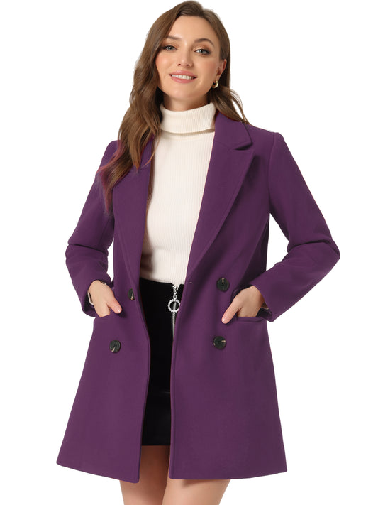 Allegra K Notch Lapel Double Breasted Belted Mid Long Outwear Winter Coat Deep Purple