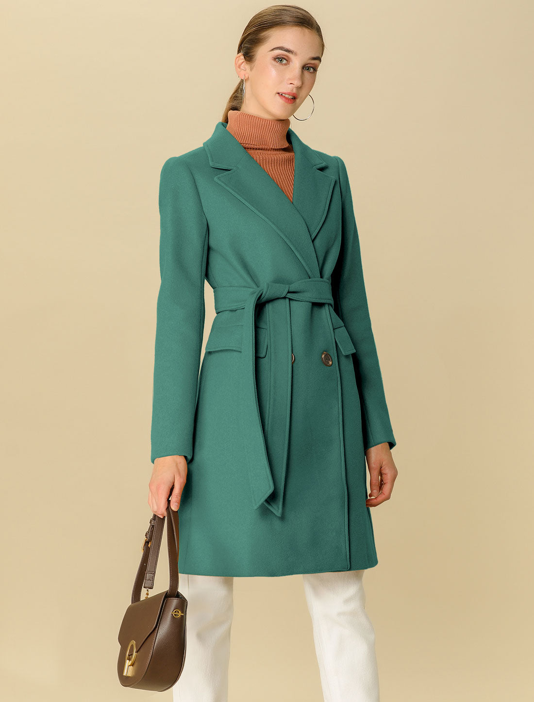 Allegra K Notch Lapel Double Breasted Belted Mid Long Outwear Winter Coat Green