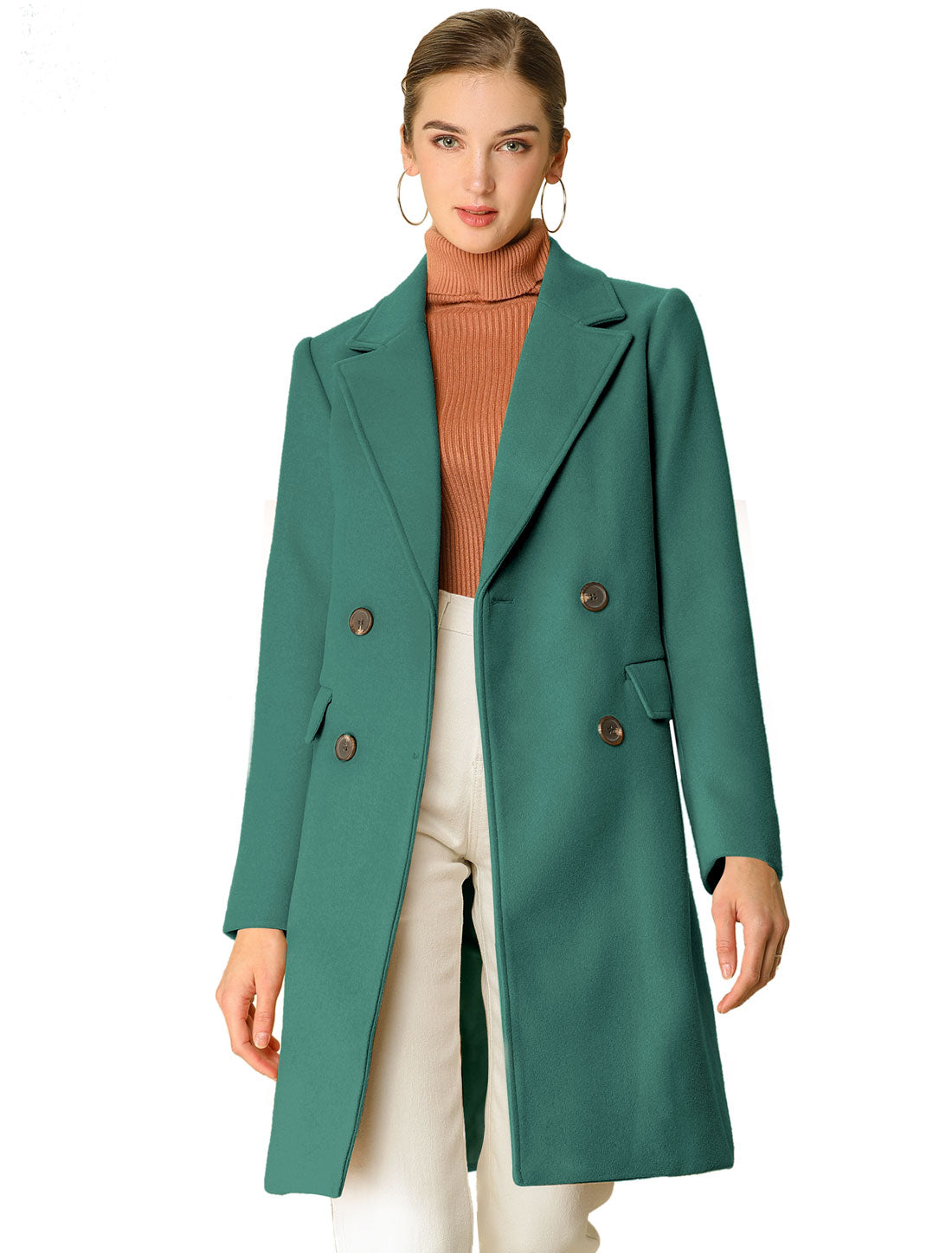 Allegra K Notch Lapel Double Breasted Belted Mid Long Outwear Winter Coat Green
