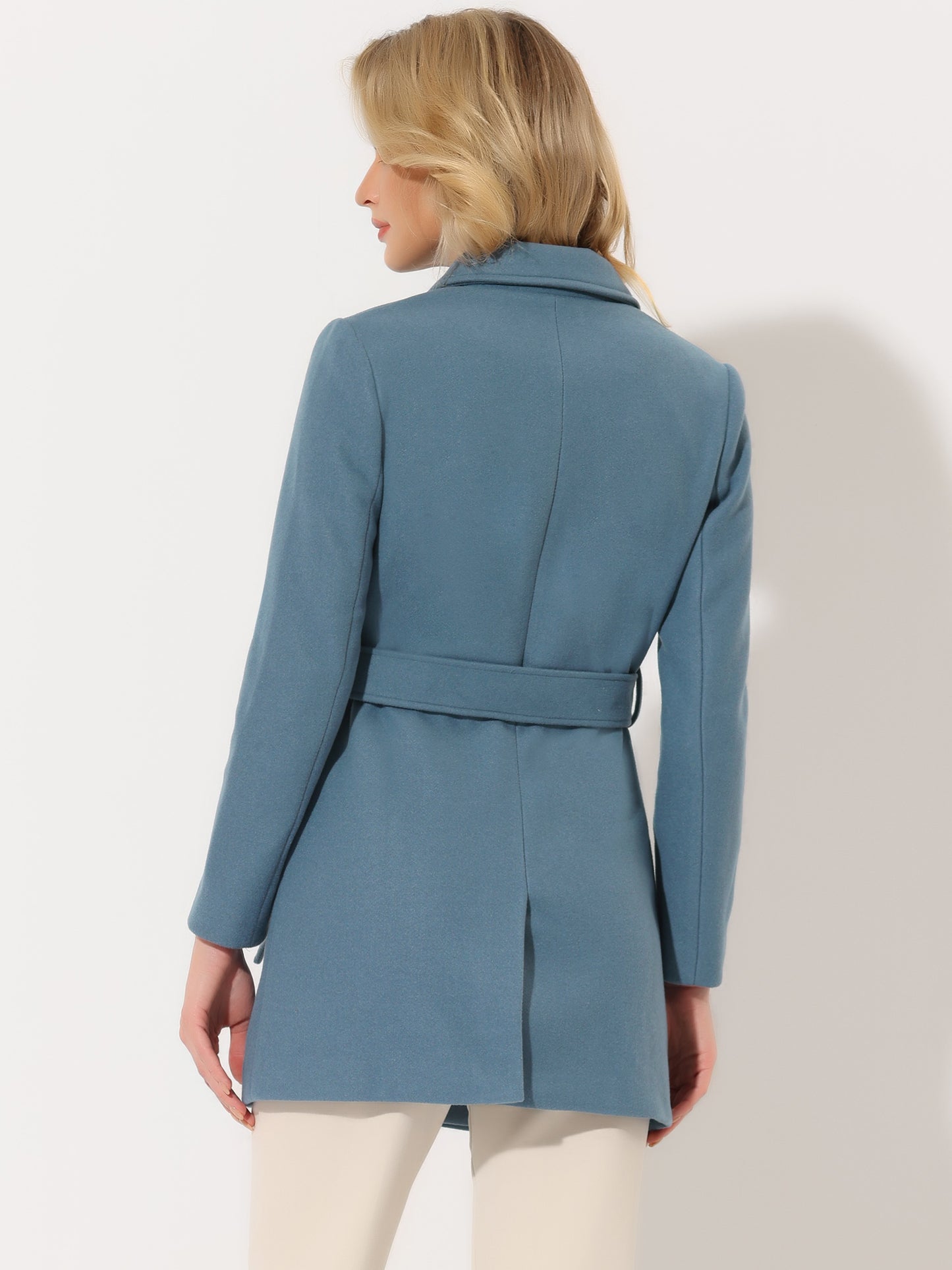 Allegra K Notch Lapel Double Breasted Belted Mid Long Outwear Winter Coat Grey Blue
