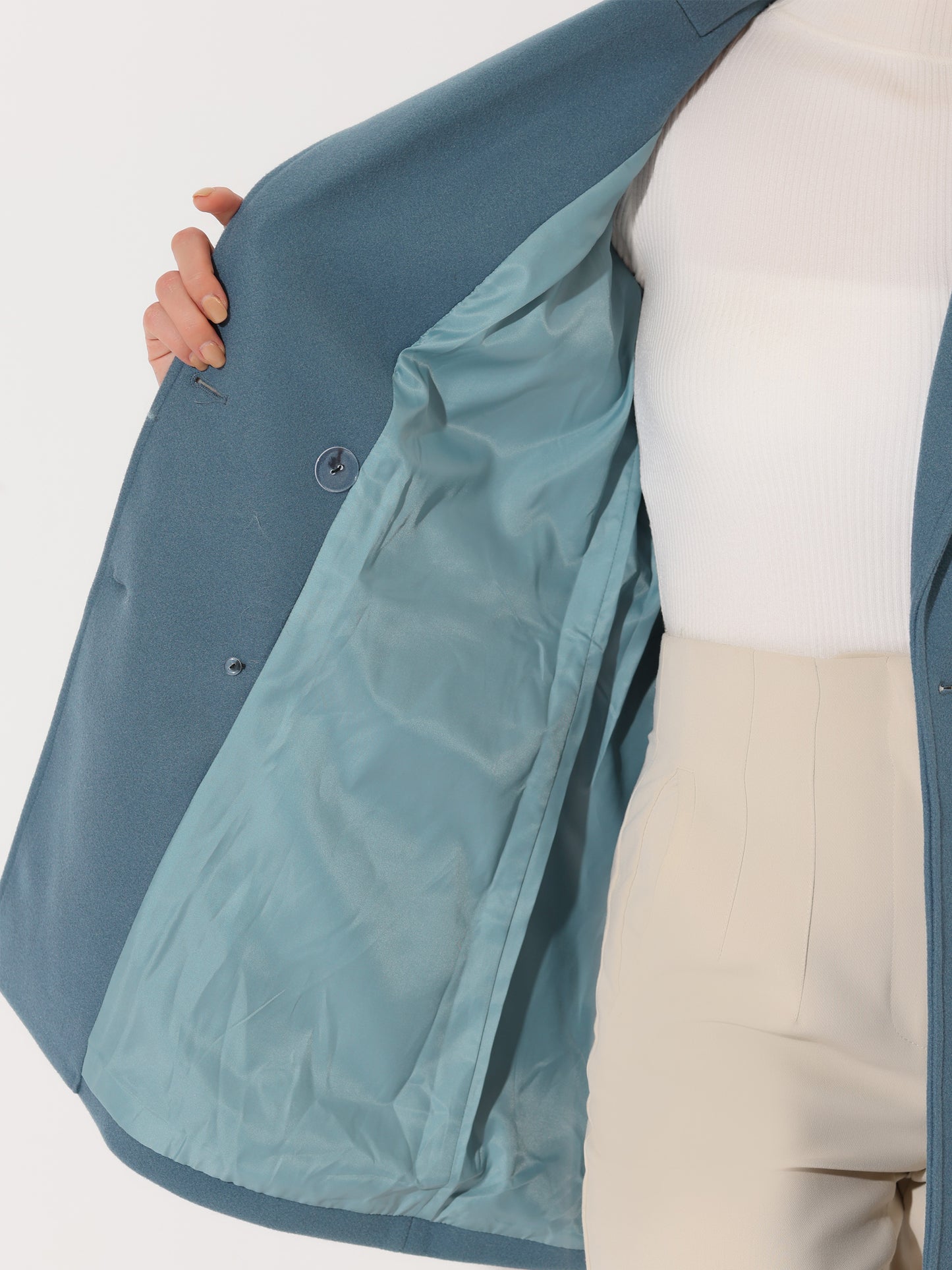 Allegra K Notch Lapel Double Breasted Belted Mid Long Outwear Winter Coat Grey Blue