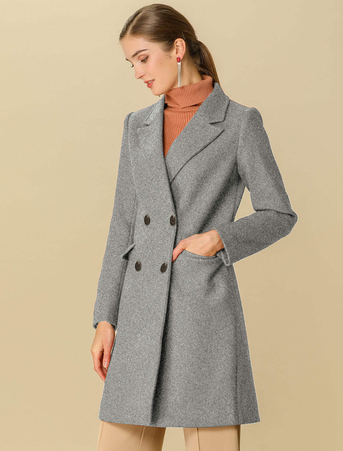 Allegra K Notch Lapel Double Breasted Belted Mid Long Outwear Winter Coat Grey