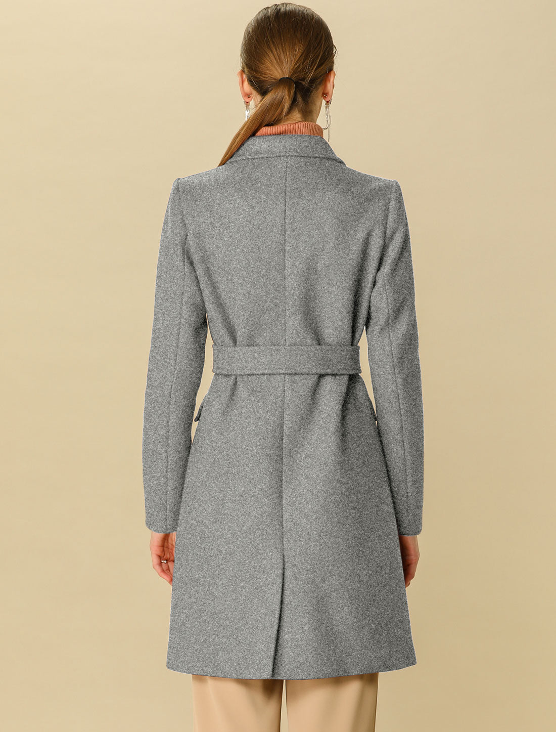 Allegra K Notch Lapel Double Breasted Belted Mid Long Outwear Winter Coat Grey