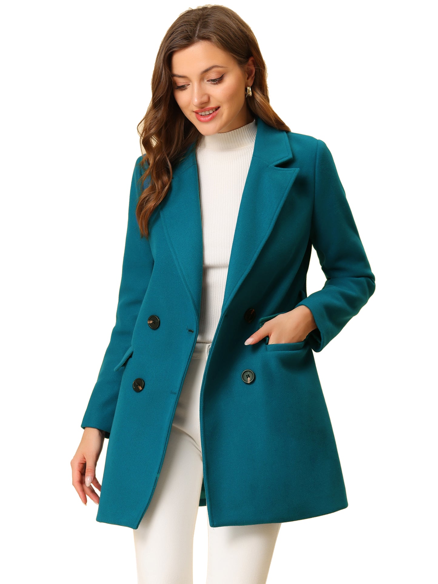 Allegra K Notch Lapel Double Breasted Belted Mid Long Outwear Winter Coat Lake Blue