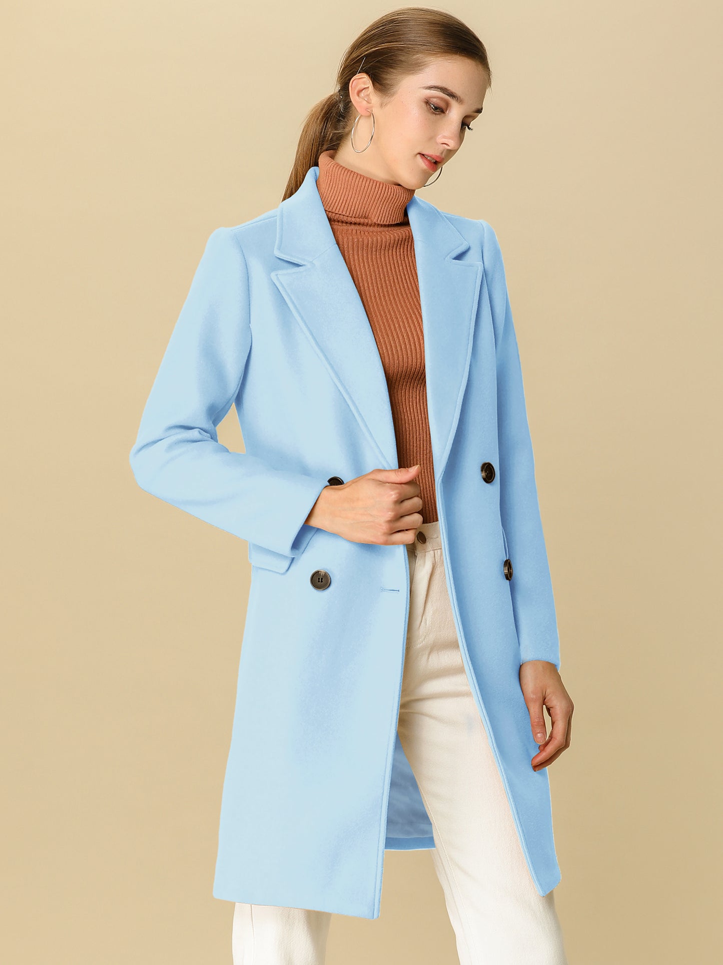 Allegra K Notch Lapel Double Breasted Belted Mid Long Outwear Winter Coat Light Blue