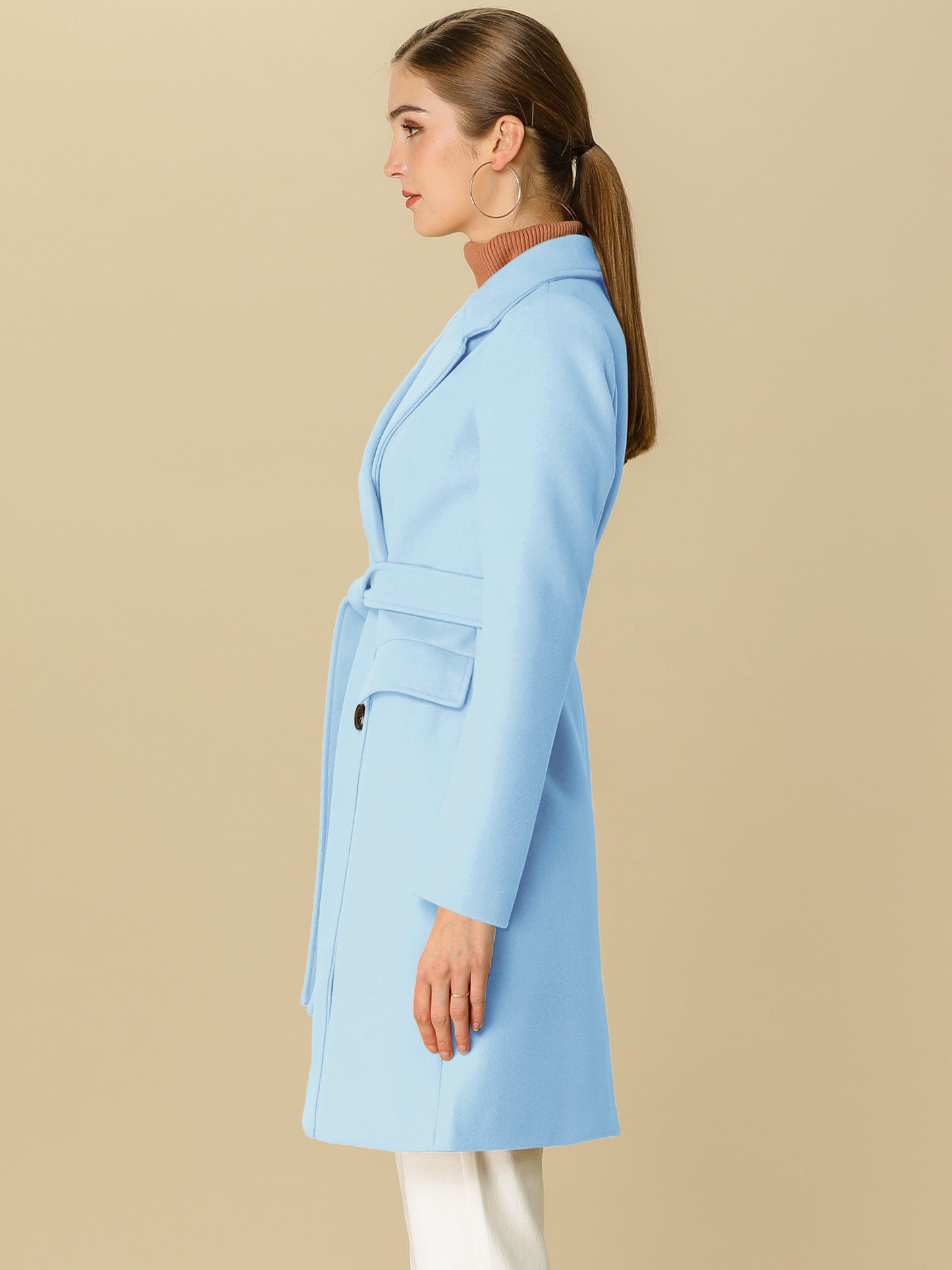 Allegra K Notch Lapel Double Breasted Belted Mid Long Outwear Winter Coat Light Blue