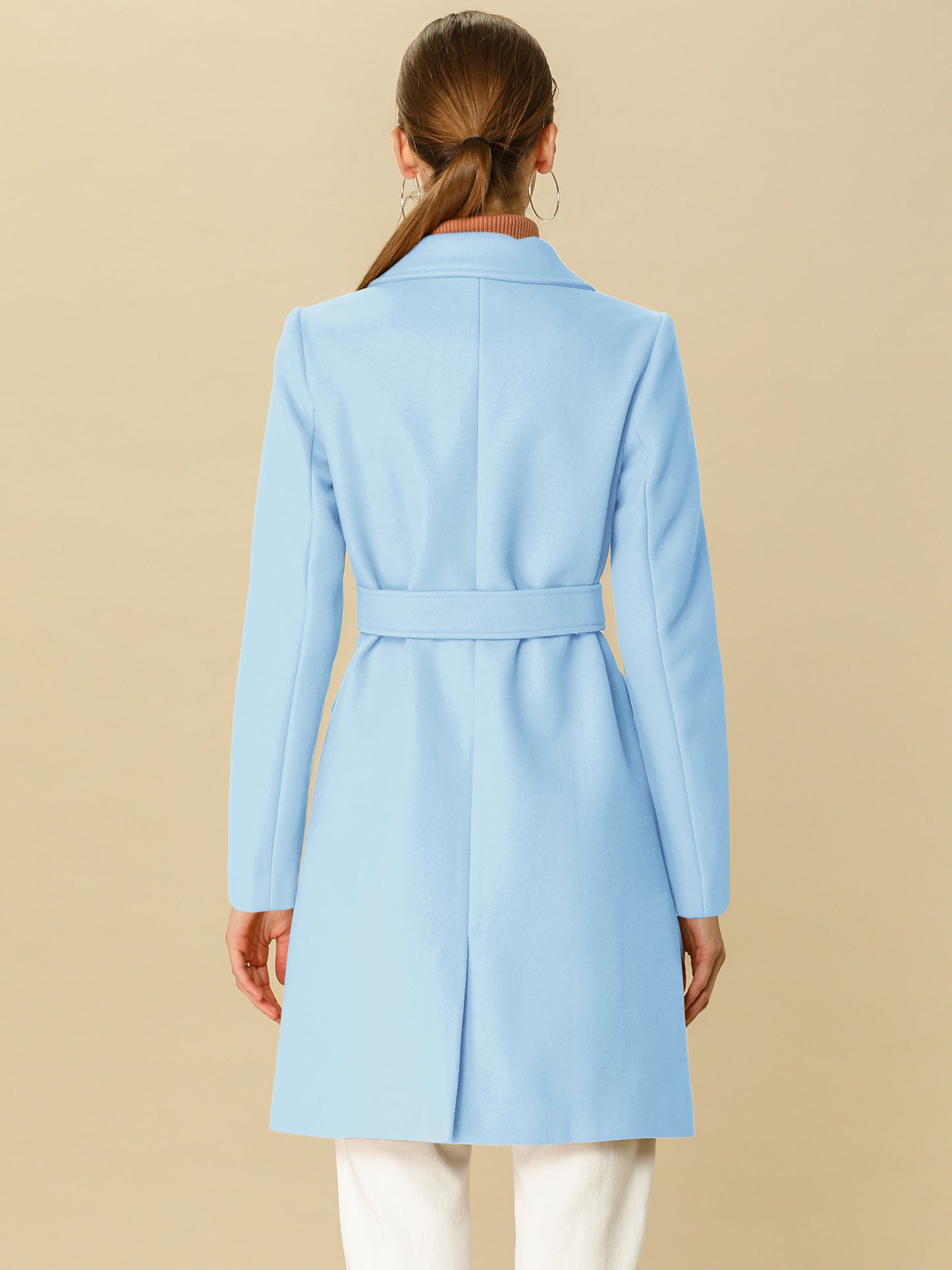 Allegra K Notch Lapel Double Breasted Belted Mid Long Outwear Winter Coat Light Blue