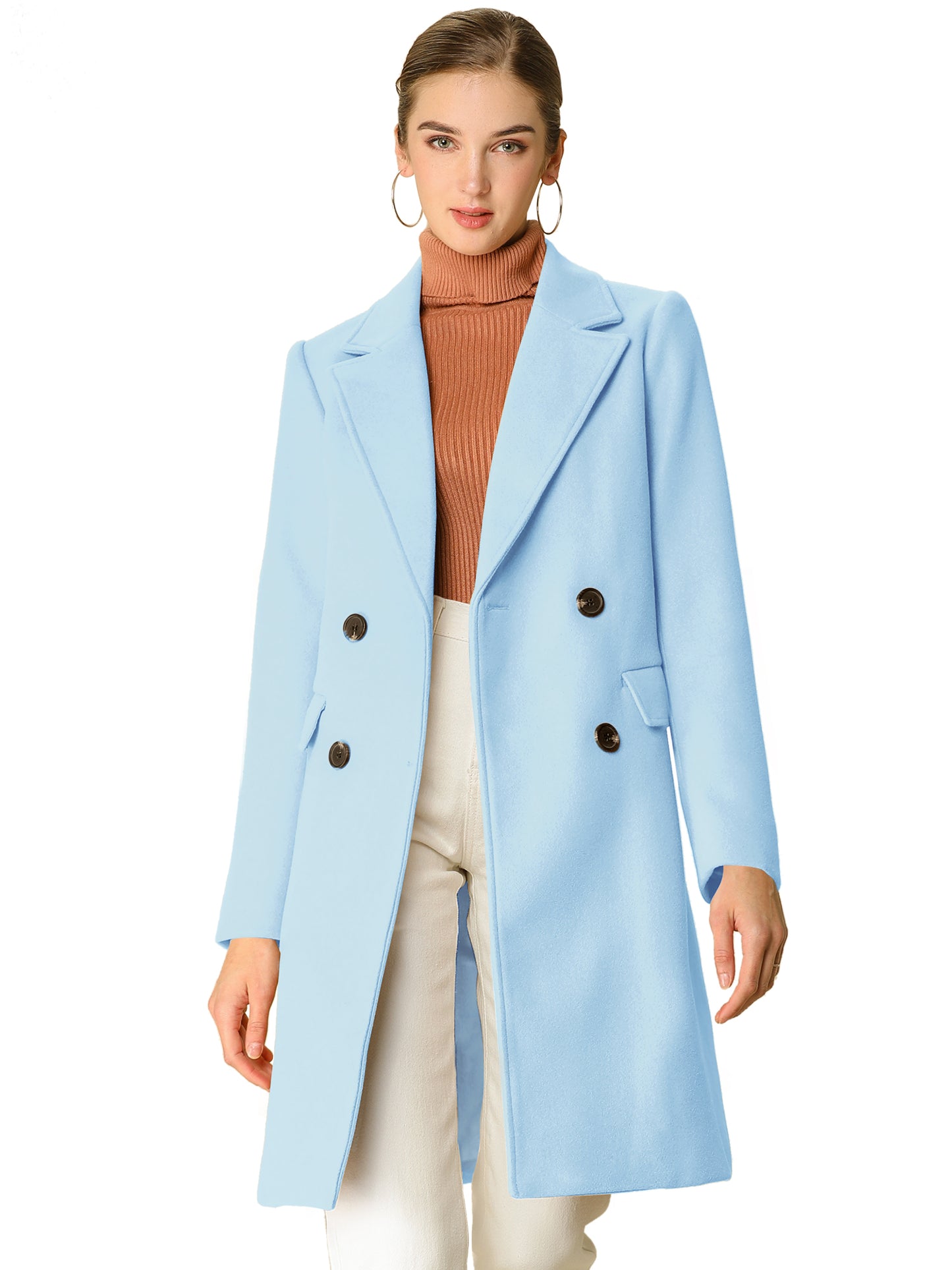 Allegra K Notch Lapel Double Breasted Belted Mid Long Outwear Winter Coat Light Blue