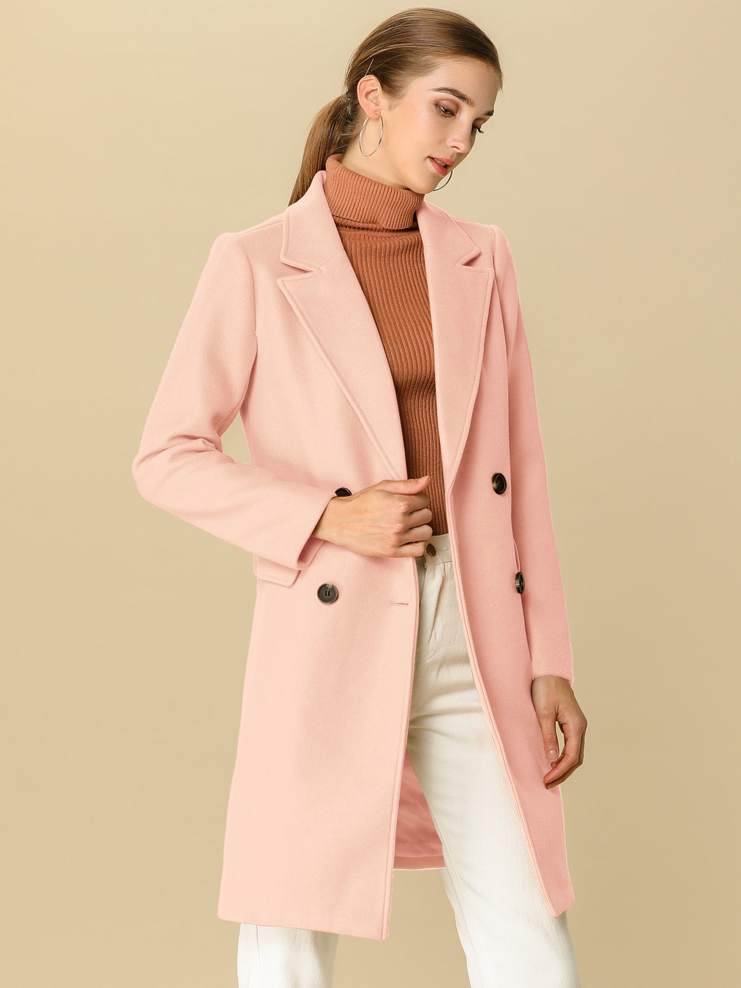 Allegra K Notch Lapel Double Breasted Belted Mid Long Outwear Winter Coat Light Pink