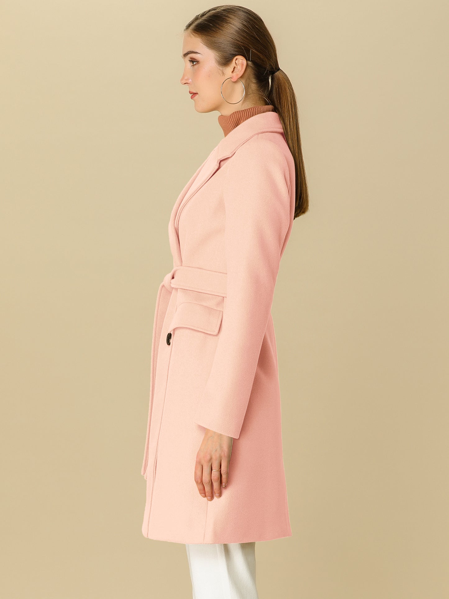 Allegra K Notch Lapel Double Breasted Belted Mid Long Outwear Winter Coat Light Pink