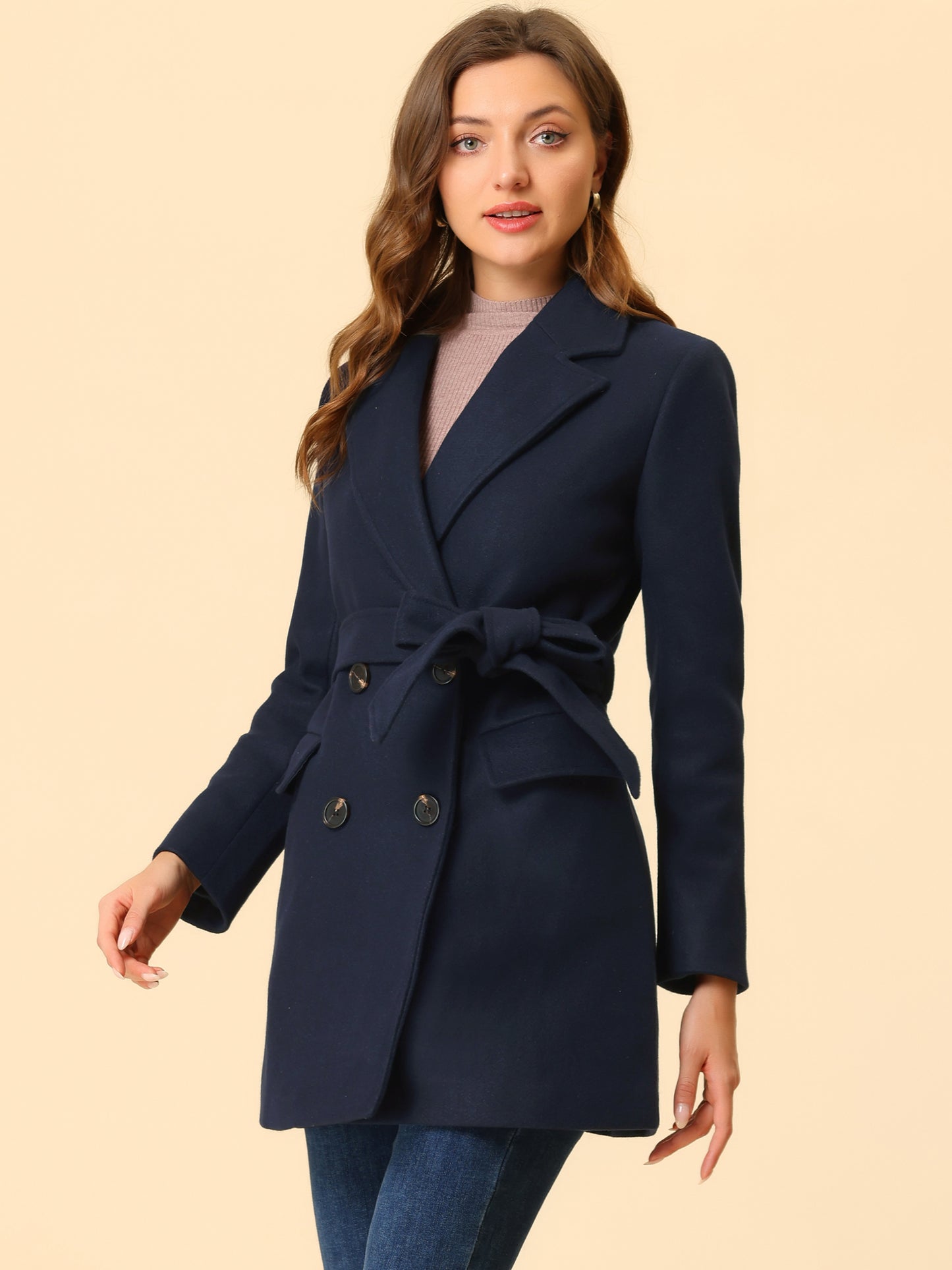 Allegra K Notch Lapel Double Breasted Belted Mid Long Outwear Winter Coat Navy Blue
