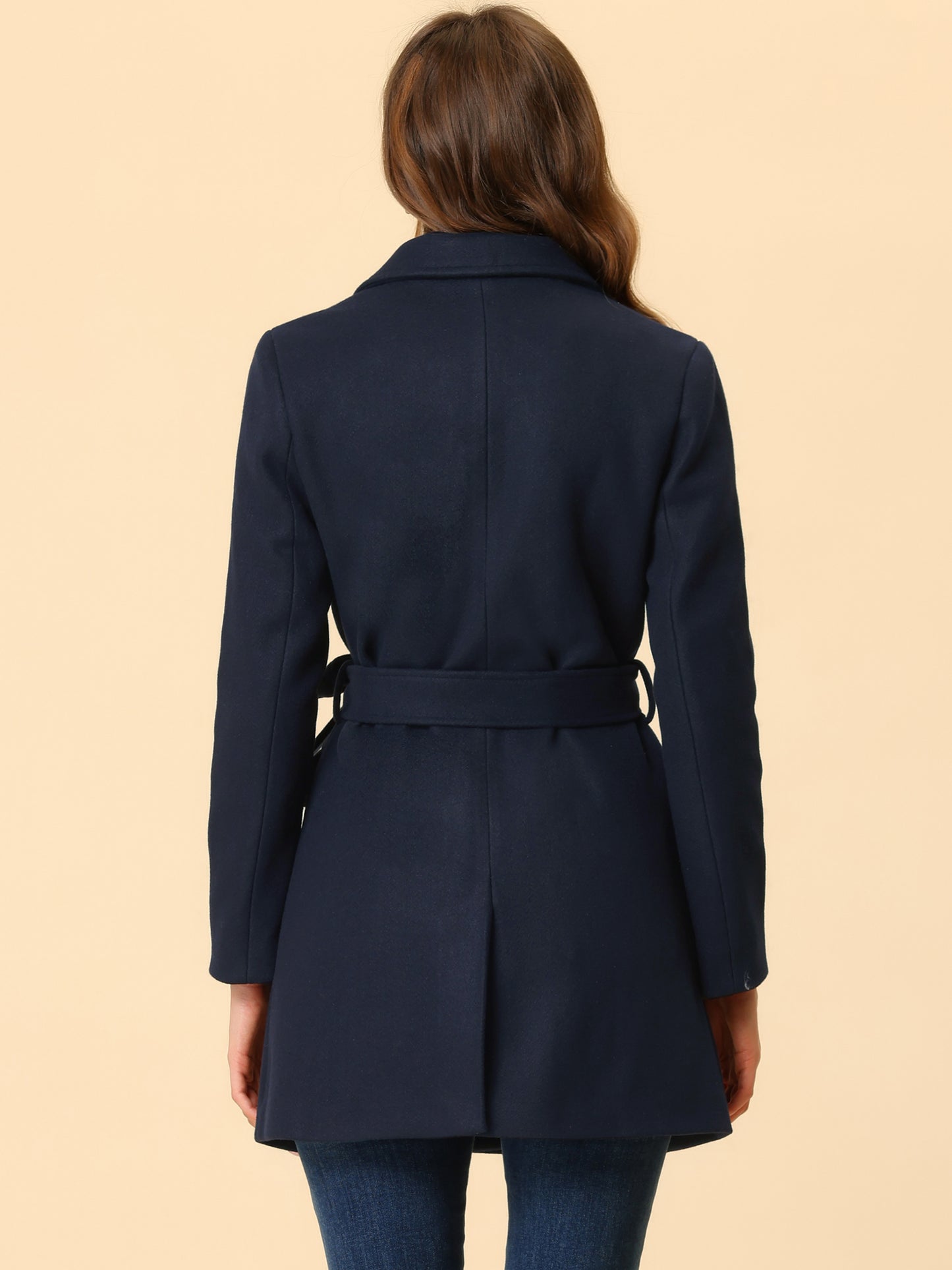 Allegra K Notch Lapel Double Breasted Belted Mid Long Outwear Winter Coat Navy Blue