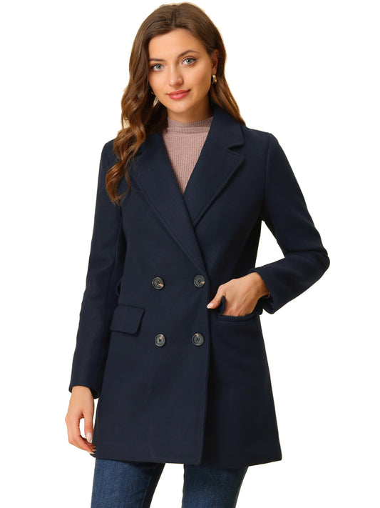 Allegra K Notch Lapel Double Breasted Belted Mid Long Outwear Winter Coat Navy Blue