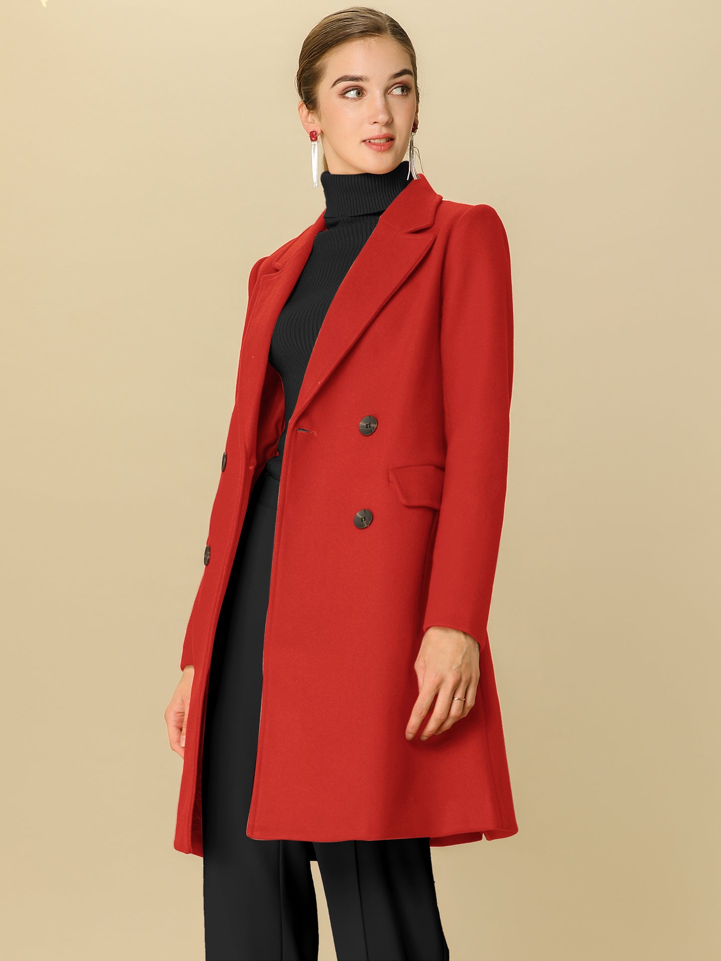 Allegra K Notch Lapel Double Breasted Belted Mid Long Outwear Winter Coat Red