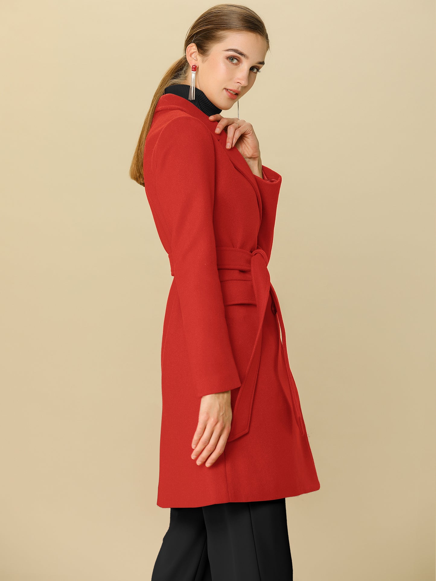 Allegra K Notch Lapel Double Breasted Belted Mid Long Outwear Winter Coat Red