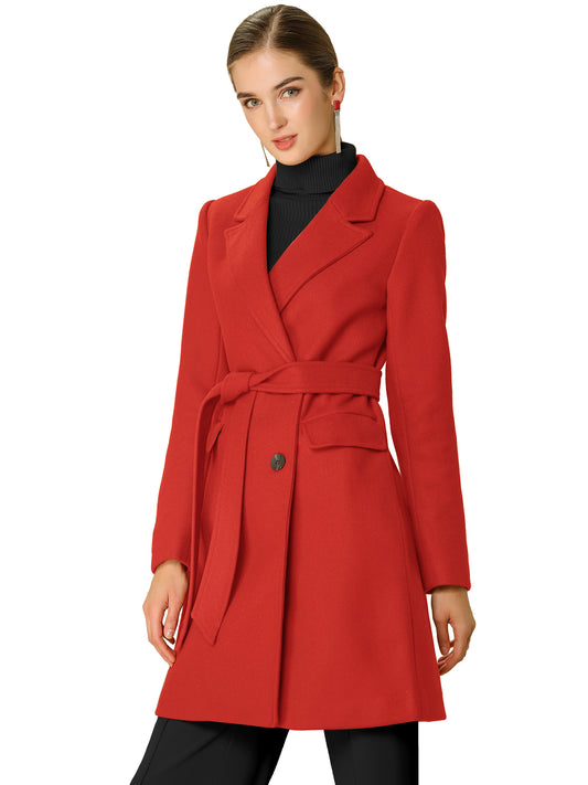 Allegra K Notch Lapel Double Breasted Belted Mid Long Outwear Winter Coat Red