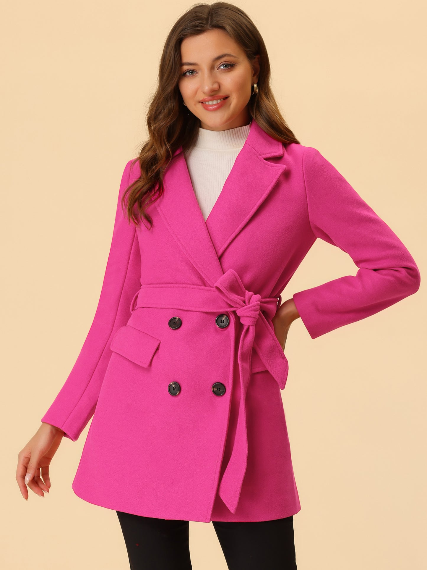 Allegra K Notch Lapel Double Breasted Belted Mid Long Outwear Winter Coat Rose Red
