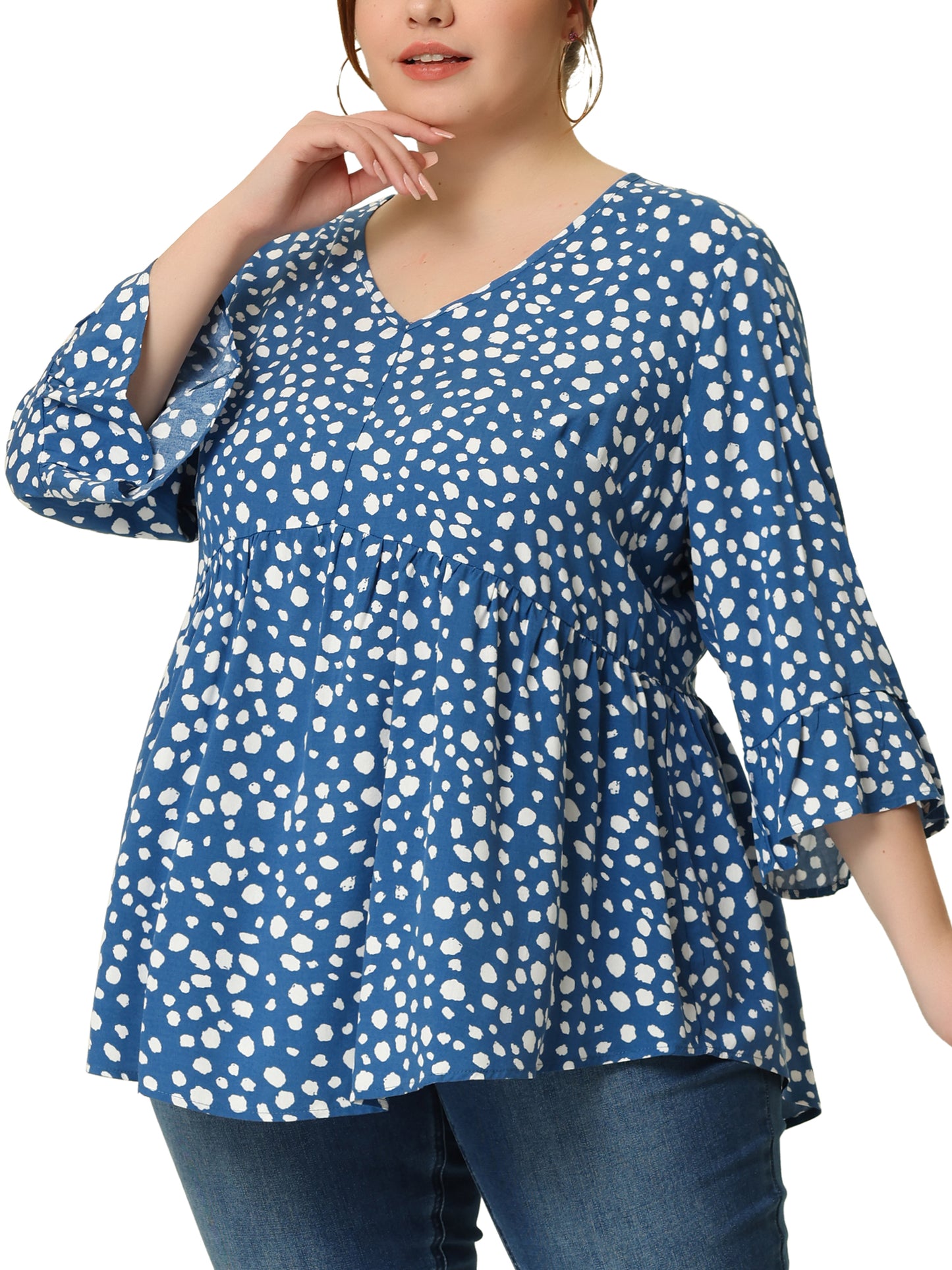 Agnes Orinda Plus Size Polka Dots Blouses V Neck 3/4 Ruffle Sleeve Peplum Tops Blue