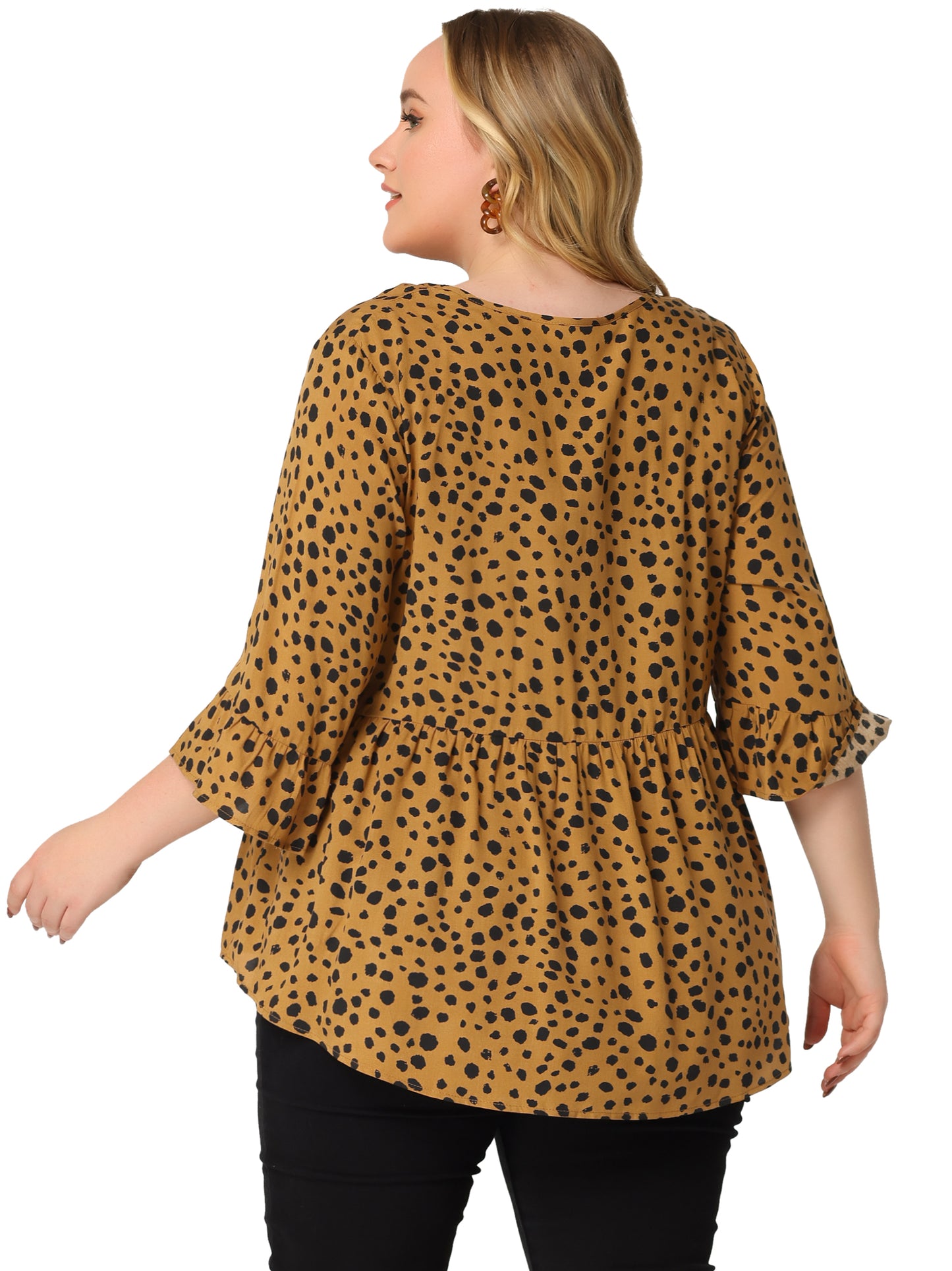 Agnes Orinda Plus Size Polka Dots Blouses V Neck 3/4 Ruffle Sleeve Peplum Tops Brown