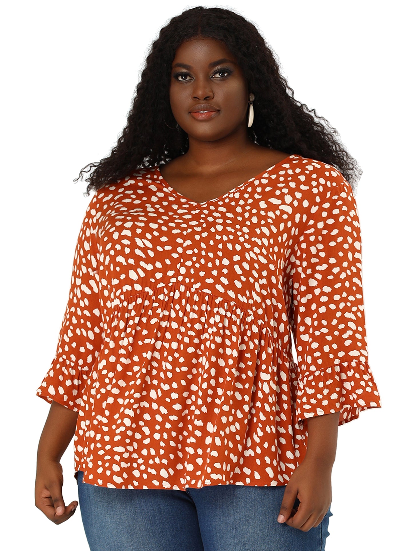 Agnes Orinda Plus Size Polka Dots Blouses V Neck 3/4 Ruffle Sleeve Peplum Tops Orange