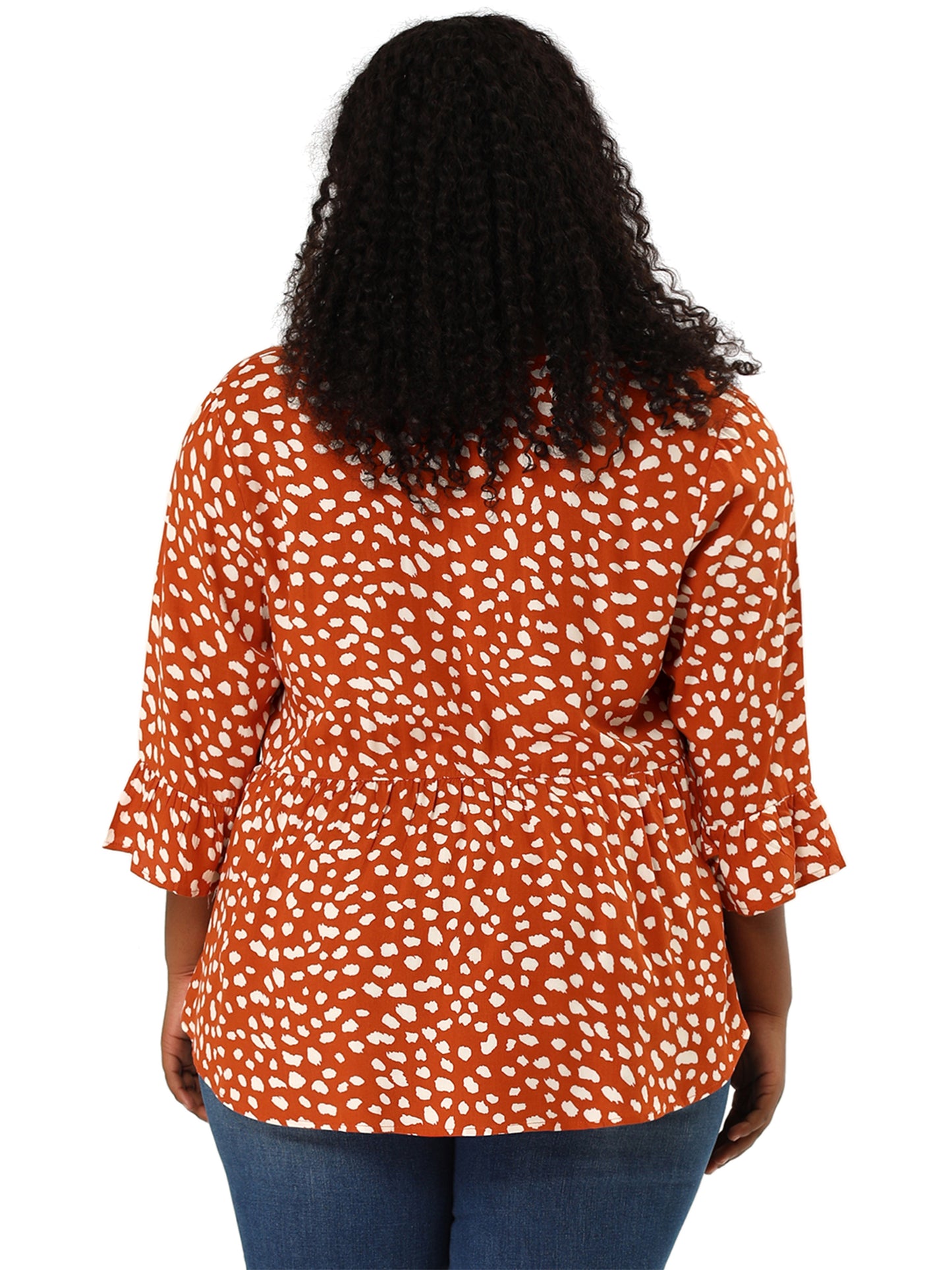 Agnes Orinda Plus Size Polka Dots Blouses V Neck 3/4 Ruffle Sleeve Peplum Tops Orange