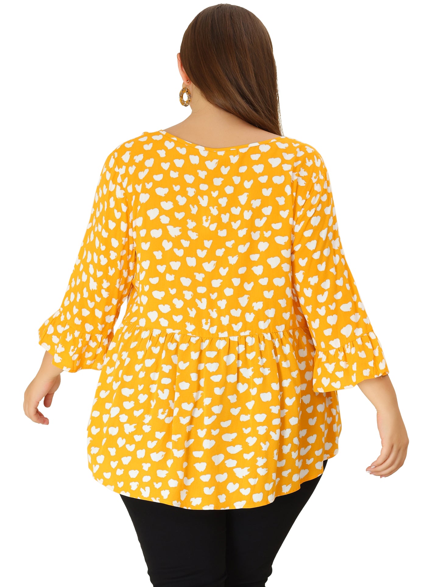 Agnes Orinda Plus Size Polka Dots Blouses V Neck 3/4 Ruffle Sleeve Peplum Tops Yellow