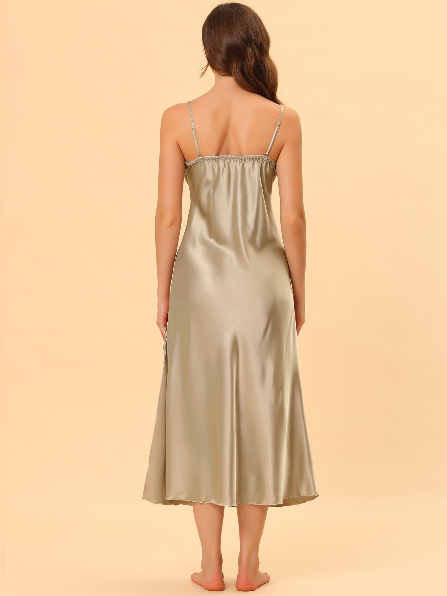 cheibear Satin Slip Dress Chemise Silky Lounge Camisole Maxi Nightgowns Light Khaki