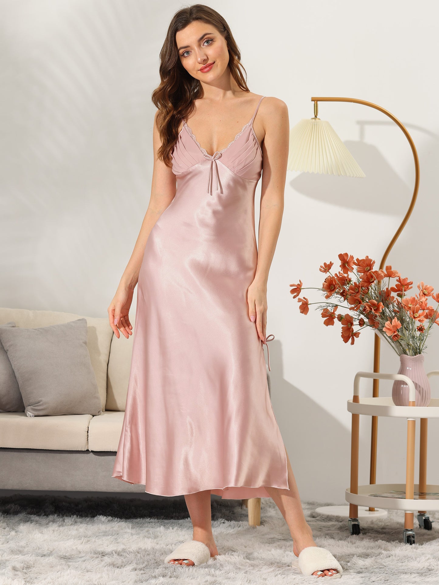 cheibear Satin Slip Dress Chemise Silky Lounge Camisole Maxi Nightgowns Light Pink