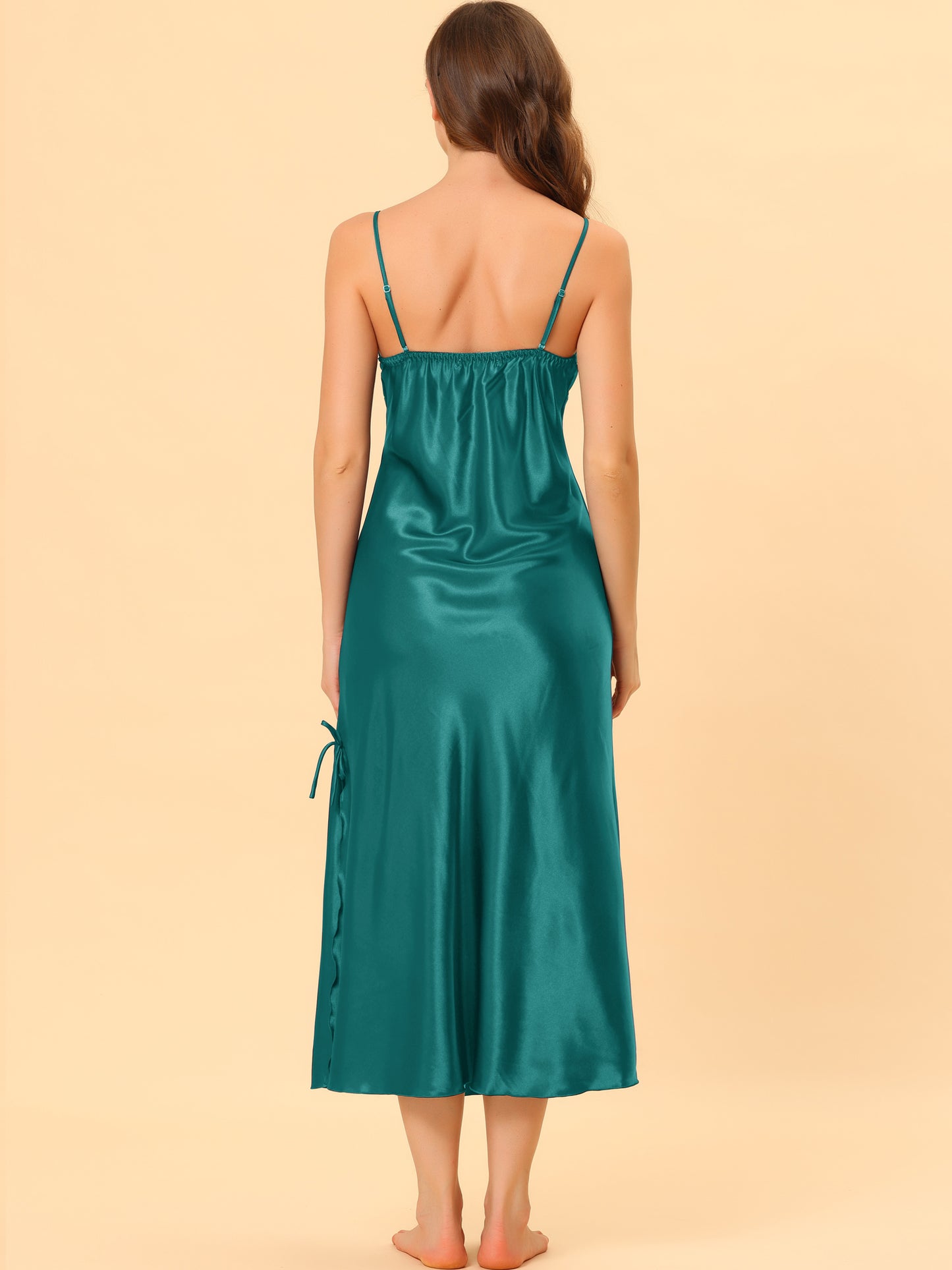 cheibear Satin Slip Dress Chemise Silky Lounge Camisole Maxi Nightgowns Peacock Green