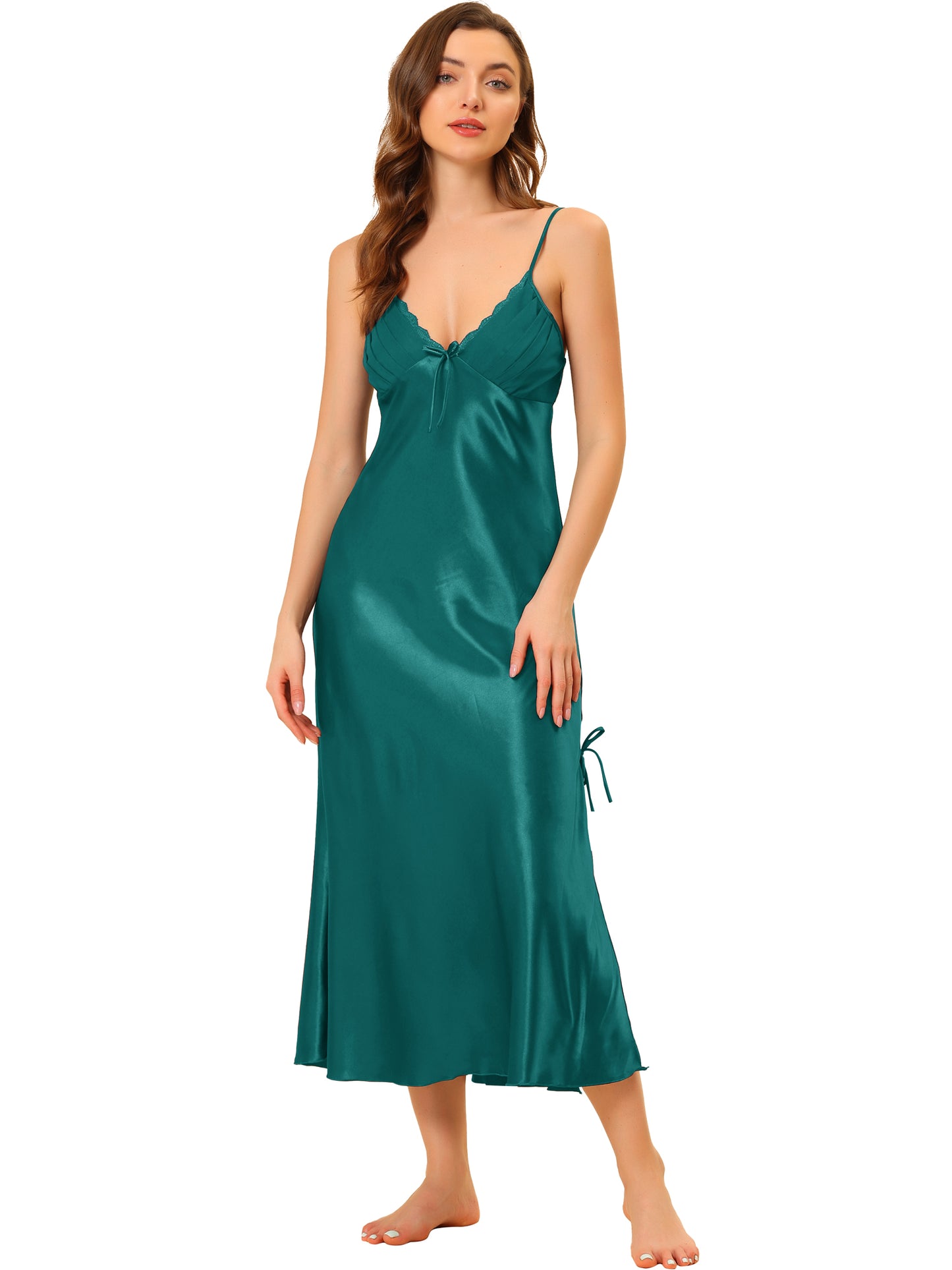 cheibear Satin Slip Dress Chemise Silky Lounge Camisole Maxi Nightgowns Peacock Green