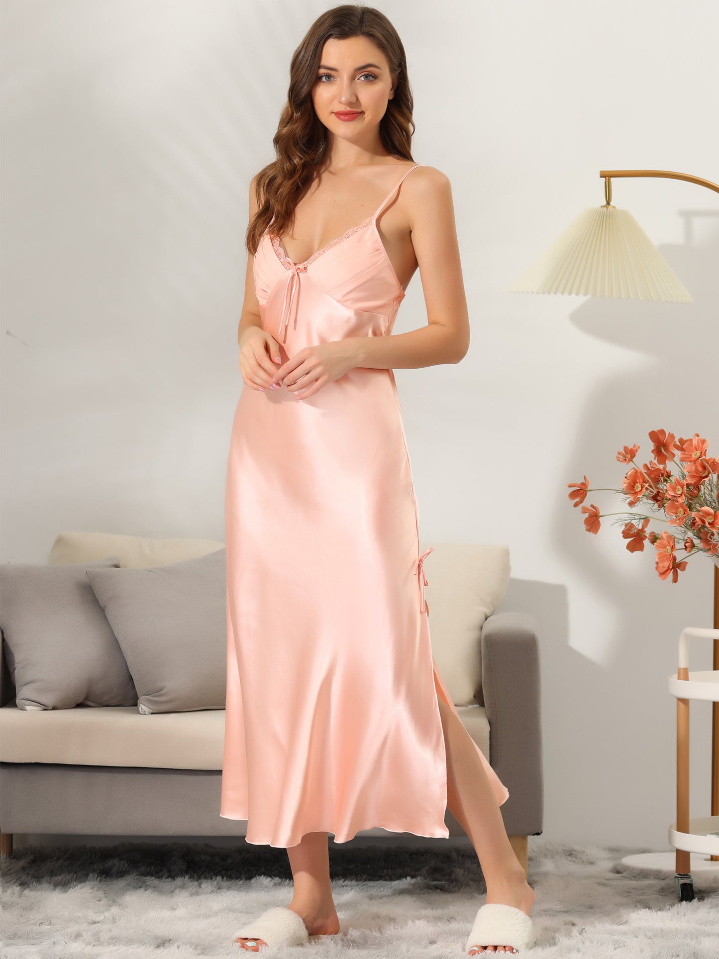 cheibear Satin Slip Dress Chemise Silky Lounge Camisole Maxi Nightgowns Pink