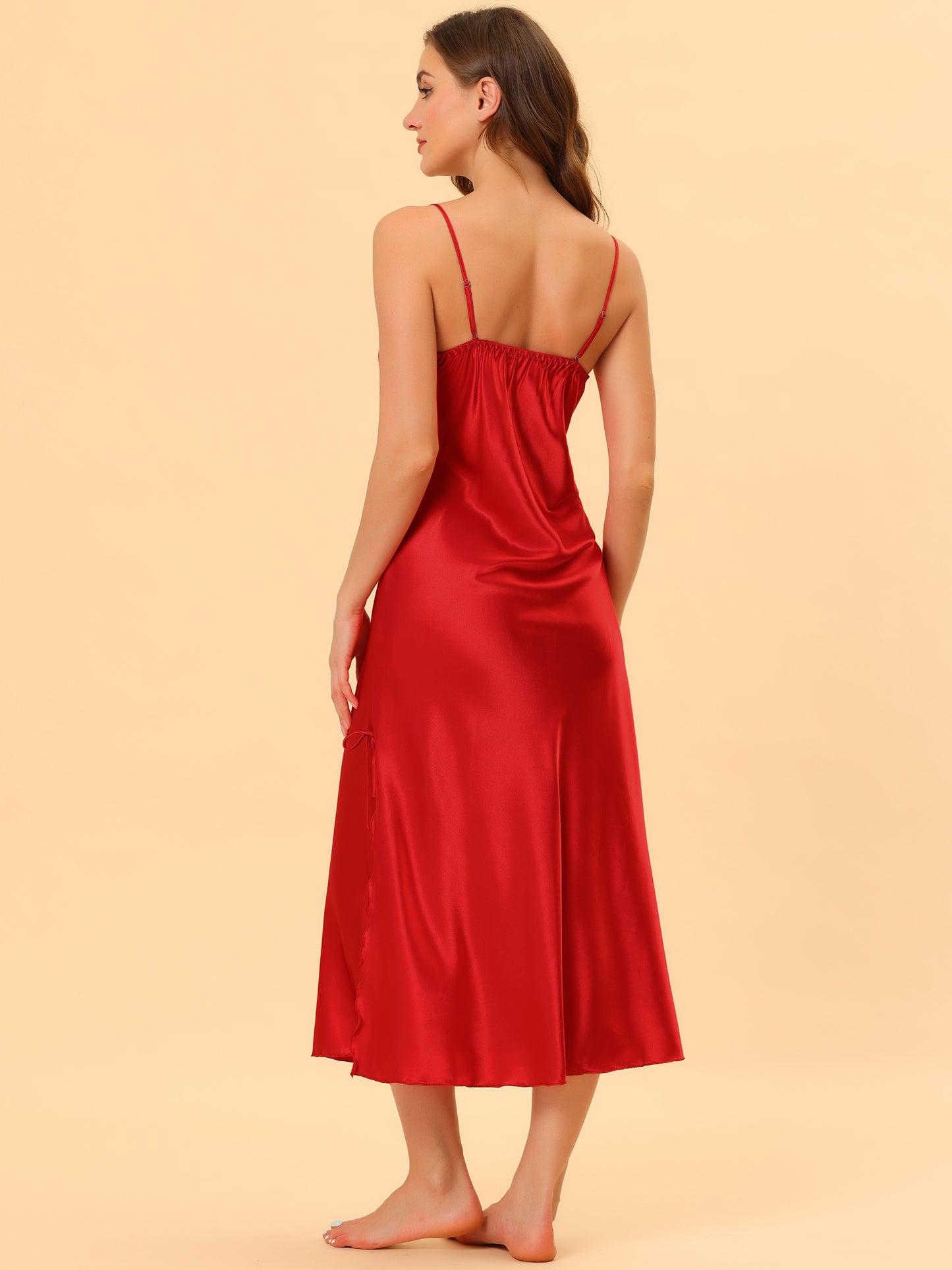 cheibear Satin Slip Dress Chemise Silky Lounge Camisole Maxi Nightgowns Red