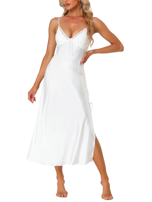 cheibear Satin Slip Dress Chemise Silky Lounge Camisole Maxi Nightgowns White
