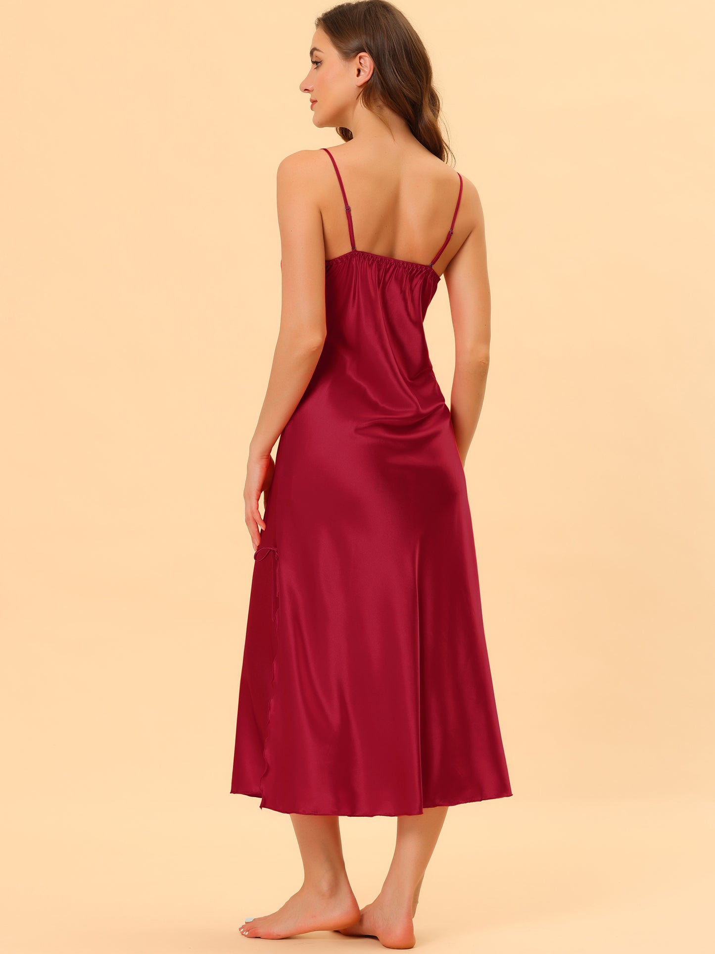 cheibear Satin Slip Dress Chemise Silky Lounge Camisole Maxi Nightgowns Wine Red