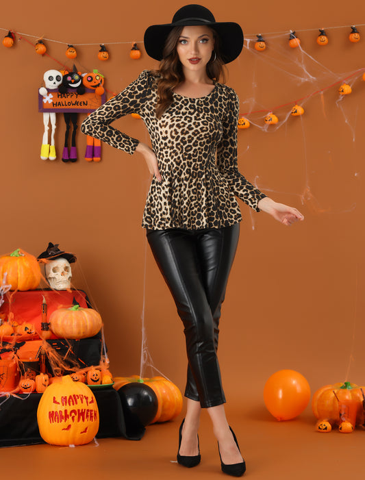 Women's Print Long Sleeve Ruffle Hem Scoop Neck Casual Peplum Top