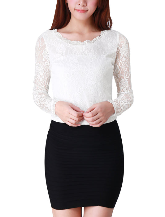 Women's Lace Sheer Dressy Casual Floral Lace Long Sleeve Top