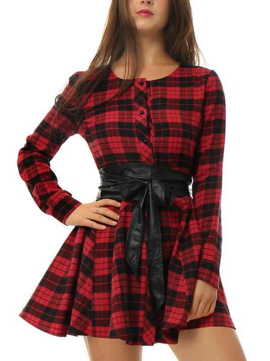 Women's Plaid Long Sleeve Button Down Belted Mini Shirtdress