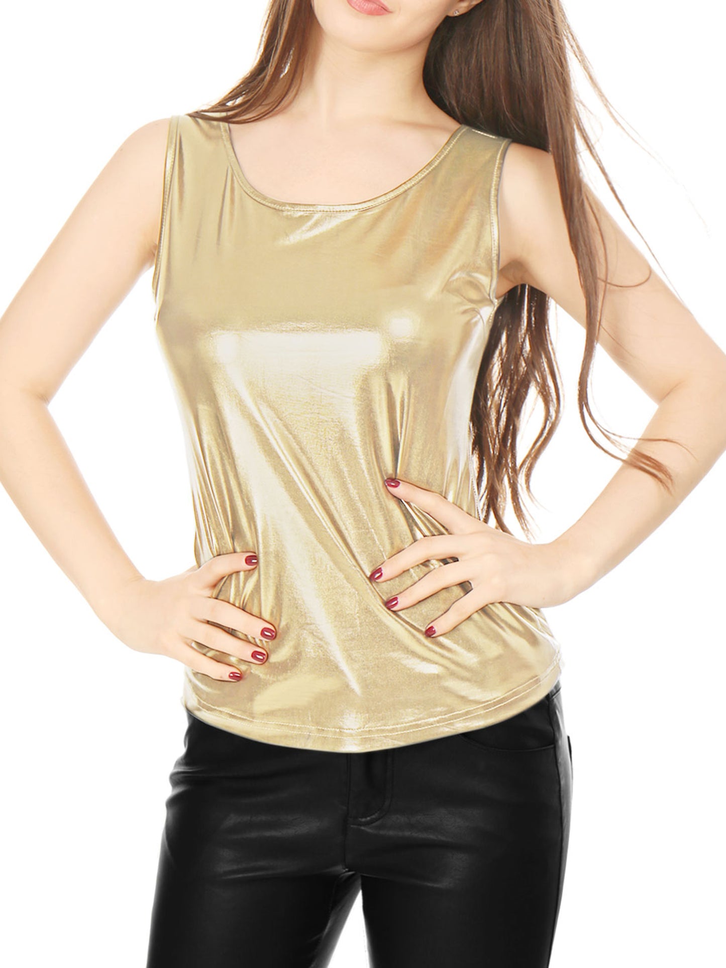 [PACK SALES] Women's 2 Pieces U Neck Sleeveless Stretchy Slim Fit Metallic Tank Top