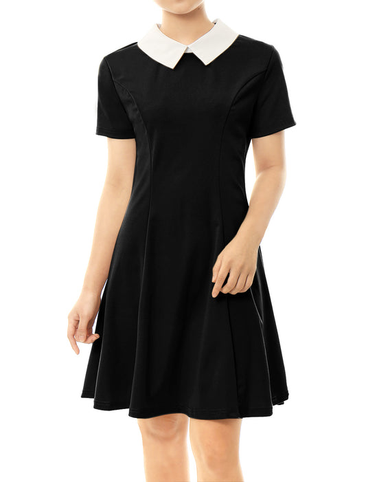 Women's Contrast Peter Pan Collar Short Sleeves Gothic Flare Dress (Available in Plus Size)