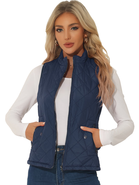 Woman Zip Up Front Stand Collar Slant Pockets Quilted Padded Vest