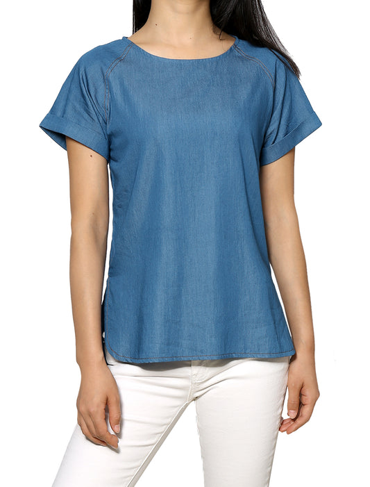 Women's Chambray Side Slit Raglan Short Sleeve Top
