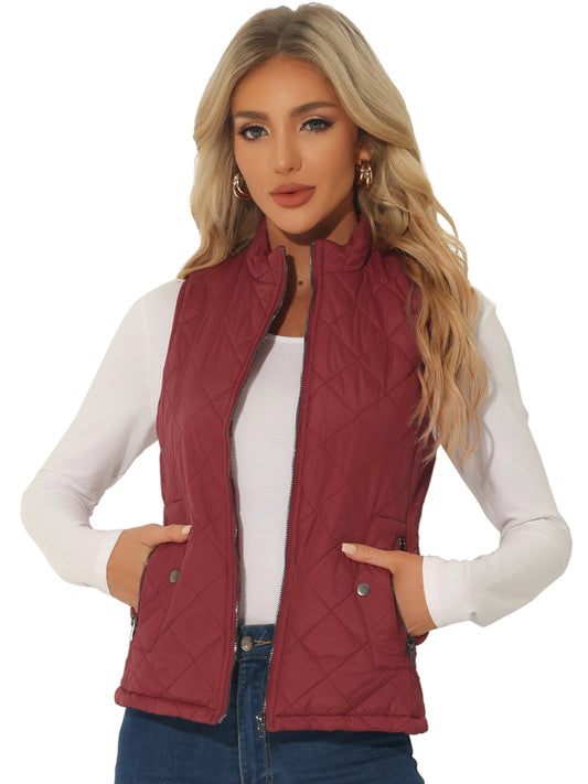 Woman Zip Up Front Stand Collar Slant Pockets Quilted Padded Vest