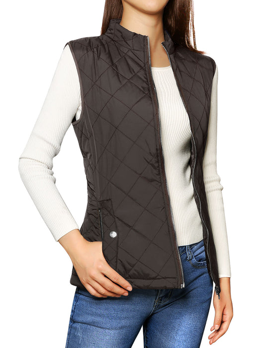Woman Zip Up Front Stand Collar Slant Pockets Quilted Padded Vest