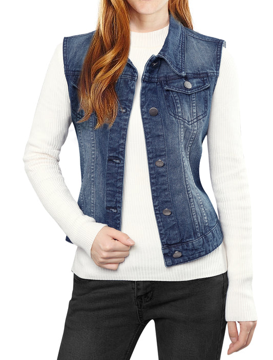 Women's Buttoned Washed Denim Vest Jacket W Chest Flap Pockets (Available in Plus Size)