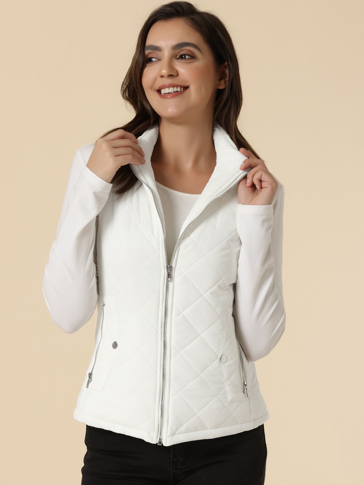 Woman Zip Up Front Stand Collar Slant Pockets Quilted Padded Vest