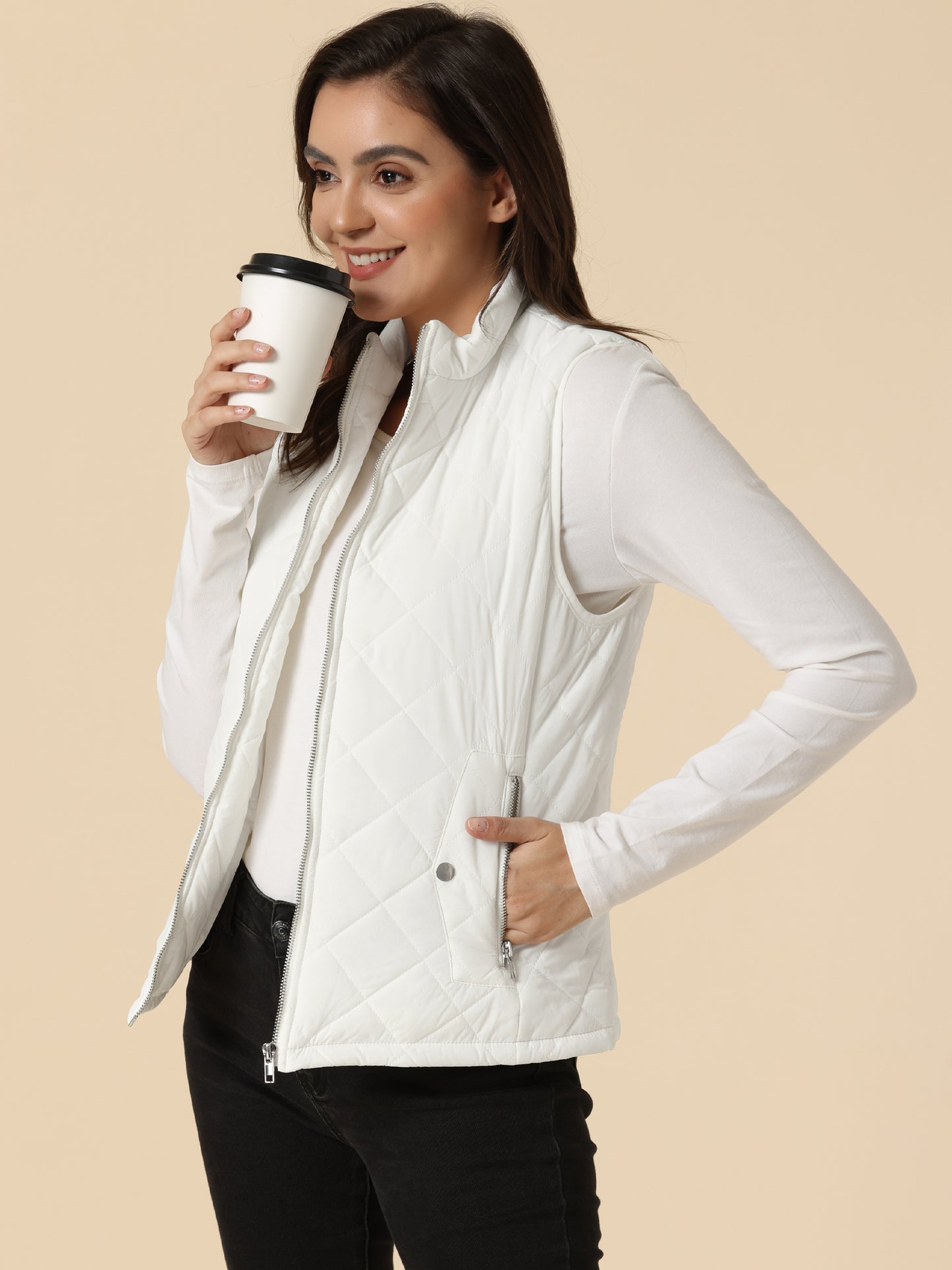 Woman Zip Up Front Stand Collar Slant Pockets Quilted Padded Vest