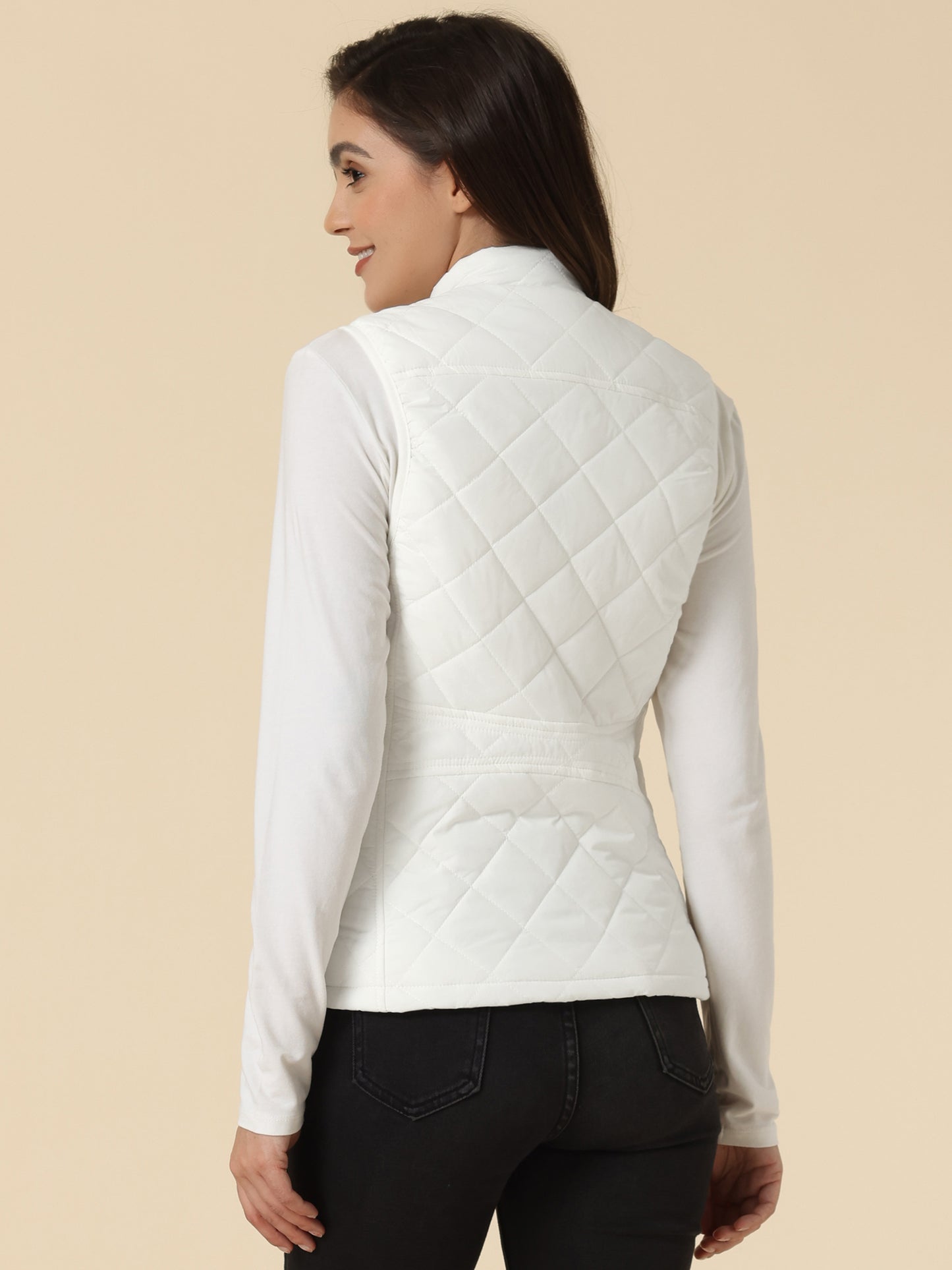 Woman Zip Up Front Stand Collar Slant Pockets Quilted Padded Vest